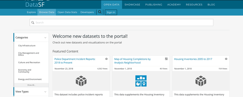 Screenshot of the open data catalog search page."